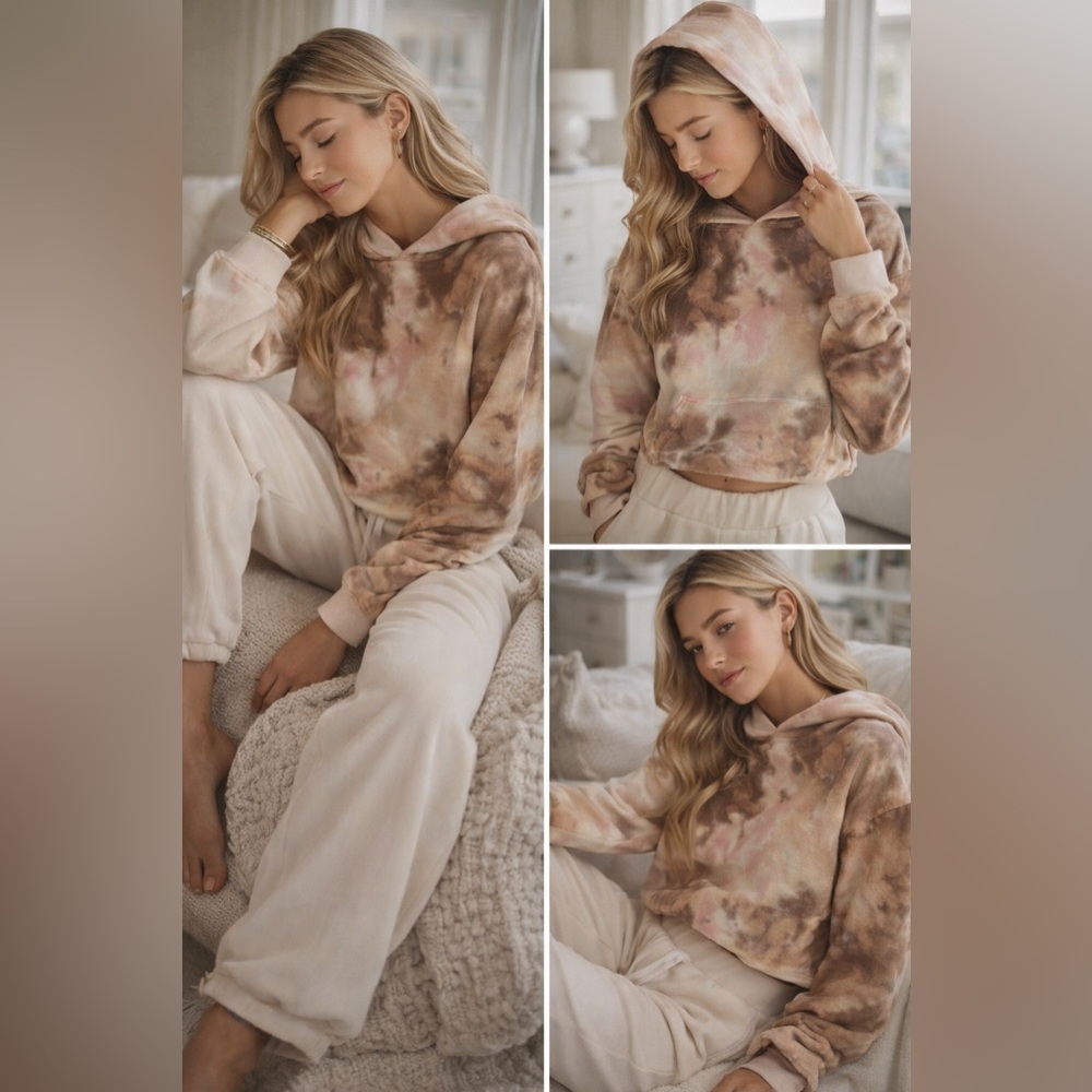 A.L.C. Sonia Tie Dye Cropped Hoodie Sweatshirt Small Brown Pink